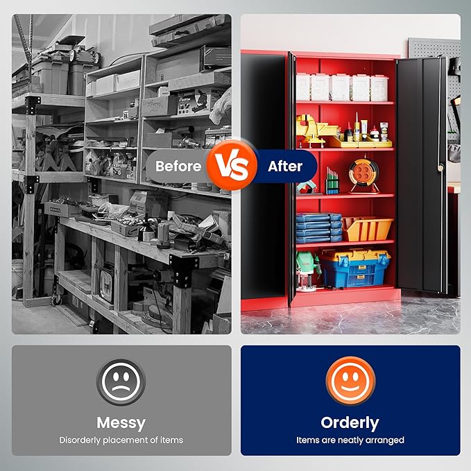 Yizosh Metal Garage Storage Cabinet with Lock Doors and 4 Shelves,-72" Steel Heavy Duty Tool Cabinet for Garage, Office,School (Red Black)