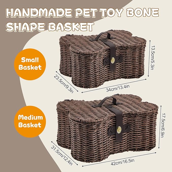 Barydat 2 Set Large Small Dog Toy Basket with Lid Bone Shaped Basket for Dog Natural Wicker Woven Handmade Pet Puppy Toy Organizer and Storage Box Bin for Cats Brown