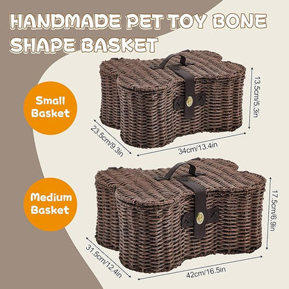 Barydat 2 Set Large Small Dog Toy Basket with Lid Bone Shaped Basket for Dog Natural Wicker Woven Handmade Pet Puppy Toy Organizer and Storage Box Bin for Cats Brown