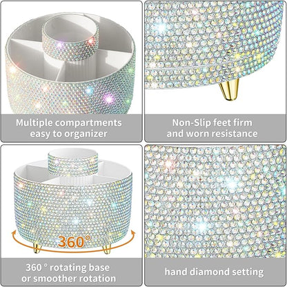 Bling 360° Rotate Makeup Brush Holder Organizer, Makeup Organizers Countertop, Makeup organization and Skincare Storage for Vanity, Gift for Women Girls (Bling dz-White AB)