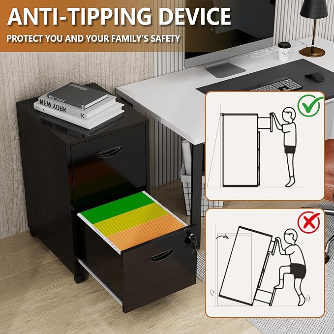 2 Drawer File Cabinet on Wheels, Mobile Two Drawer Filing Cabinet with Lock, Small Rolling Files Cabinets for Under Desk, Metal Filing Cabinets for Letter Size Folders - Assembly Required