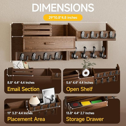 Wall Mounted Coat Rack with Shelf & Drawer, Heavy Duty Solid Wood Entryway Organizer, 29’’ Coat Rack Wall Mount with 12 Metal Hooks, Key & Mail Holder for Living Room, Bedroom