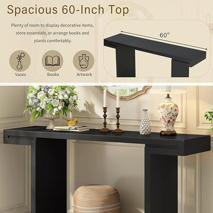 60" Large Console Table with Geometric Clean Lines Design,Stylish Entryway Table with Painted Finish and Adjustable Feet,Suitable for Living Room,Entryway,Hallway,Black