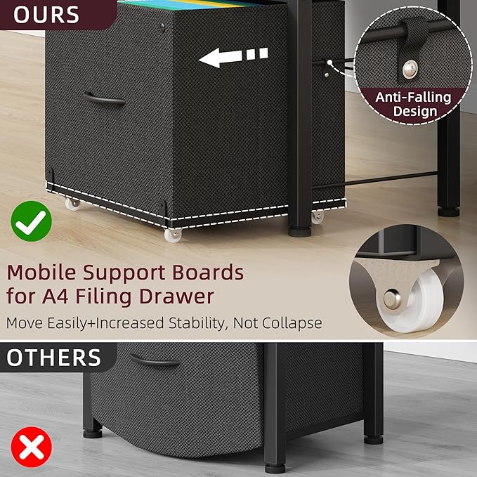 2-Drawer File Cabinet, Filing Cabinet with 2-Tier Printer Shelves, Office Cabinets with Side Bag&File Drawer for A4/Letter Size, Printer Stand with Storage for Home Office, Black, 16.5" W