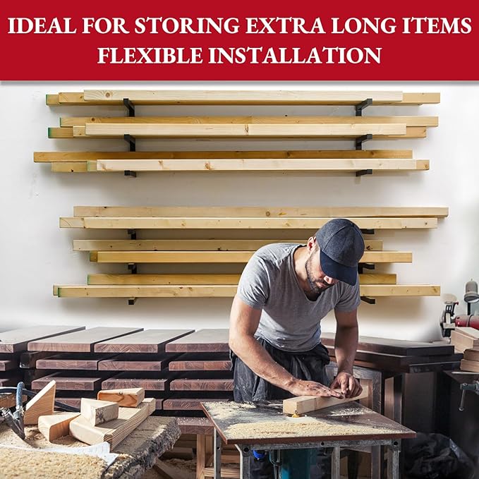 Lumber Storage Rack Wall Mount, Heavy Duty Metal Wood Organizer with 6-Level Holds Up 1200 Lbs, Indoor & Outdoor Use - Black