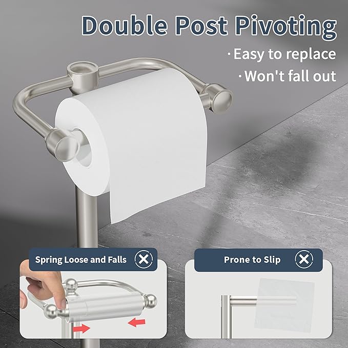 Toilet Paper Holder Stand, Post Pivoting Design Free Standing Toilet Paper Holder, SUS304 Stainless Steel Toilet Paper Roll Holder, Heavy Stable Base (Brushed Nickel)