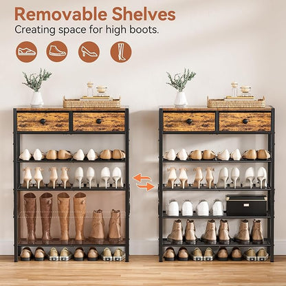 Shoe Rack for Entryway, 5 Tier Shoe Organizer with 2 Non-woven Drawers, Metal Storage Shoe Shelf for 16-20 Pairs of Shoes, with Wooden Top and Steel Frame, Shoe Stand for Closet Rustic Brown