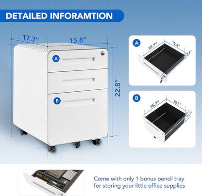 FLEXISPOT Mobile File Cabinet for Home Office 3 Drawer File Cabinet Under Desk Storage Filing Cabinet for Legal/Letter/A4 File,Round Corner Design,White