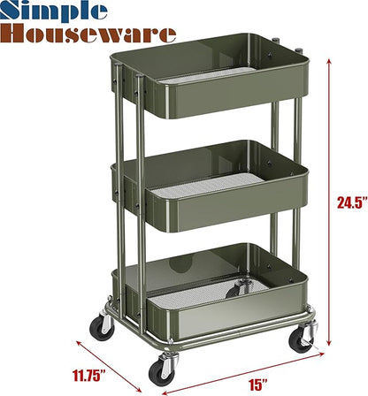 Simple Houseware 3-Tier Compact Utility Rolling Cart, Low 24” Height Fits Under Desk, Space-Saving Storage for Home Office, Dining Room, or Kitchen, Army Green