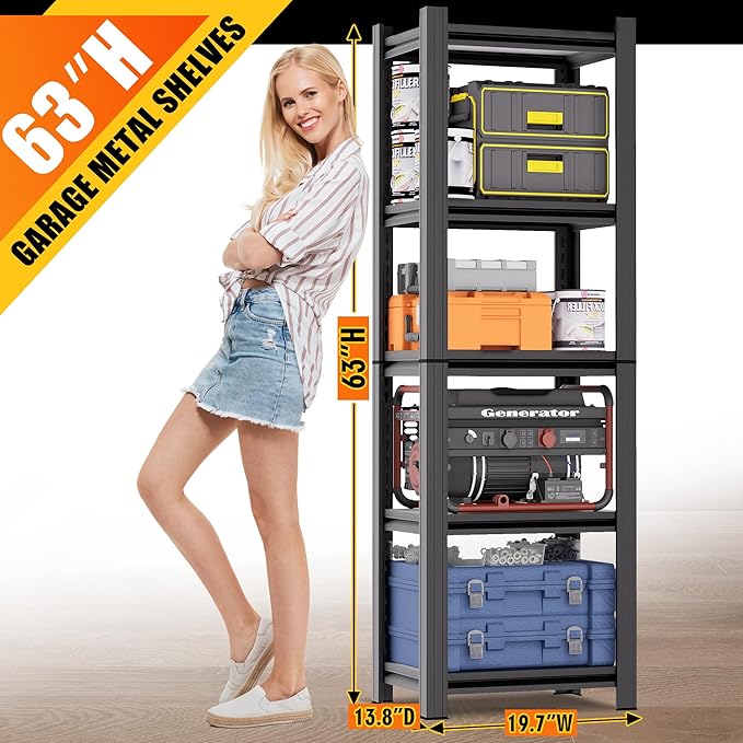 Garage Rack Units, Heavy-Duty Adjustable Storage Racks, Metal Shelves, Industrial Racks, Suitable for Heavy Tools and Equipment, Ideal for Garages and Basements（5-Tier 63" Hx19.7 Wx13.8 D