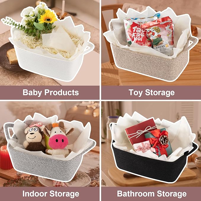 Basket for Gifts Empty, Woven Storage Basket with Gift Bag, Ribbon and Wrap Tissue Paper, Small Rope Toy Storage with Handles for Baby Shower, Dog Toy Organizer, 13.6" x 10" x 5.9”