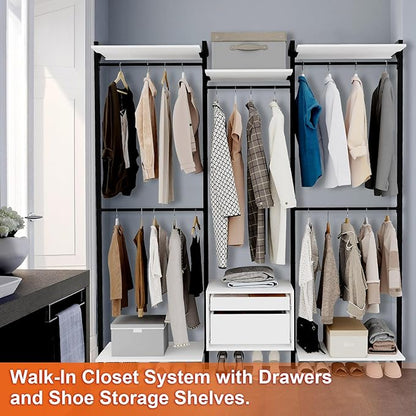 Wall-Mounted Steel & Wood Closet Organizer System with 4 Adjustable Shelves, 5 Hanging Rods, and 2 Drawers – Modern Open Wardrobe, White