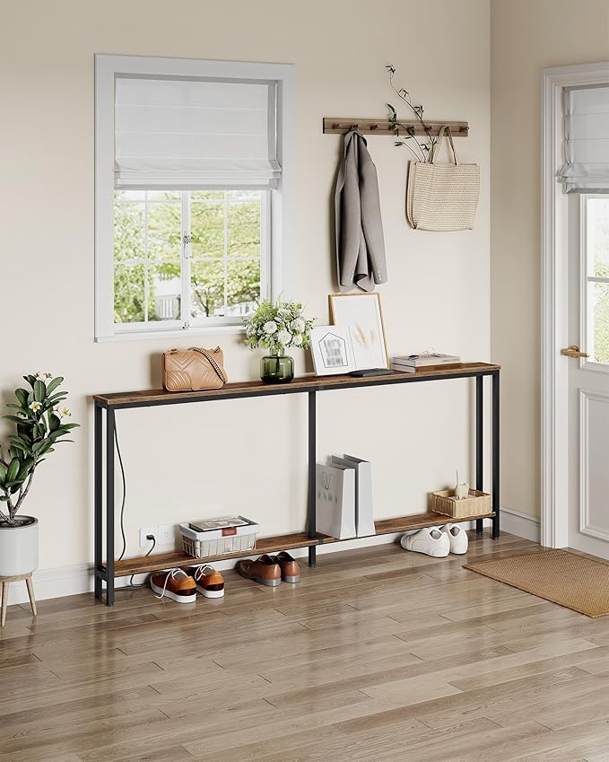 78.7" Narrow Console Table with Charging Station, Behind Couch Table with 2 AC Outlets, 1 USB and 1 Type-C Port for Hallway, Living Room, Foyer, Rustic Brown and Black TXG02UBF