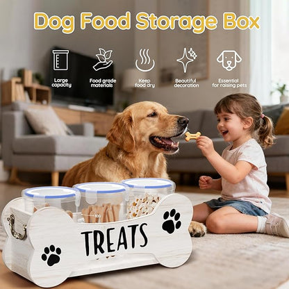 WGFKVAS Dog Treat Storage Containers, 3 Jar Pet food container, White Wooden Pet Food Dispenser for Dogs & Puppies, Perfect Food Storage Solution and Gift for Dog Owners