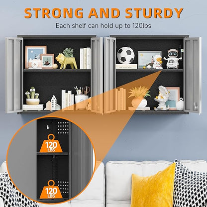 Garage Wall Cabinet, Metal Wall Cabinets with 2 Doors, Wall Cabinet with Lock, 26'' Gray Wall Mounted Floating Tool Cabinets for Home Office, Warehouse, Kitchen, Bathroom, Utility Room