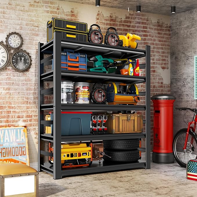Metal Garage Shelving Unit,Heavy Duty 5-Tier Adjustable Storage Shelves,3000 lbs Capacity,Industrial Shelves for Heavy Tools and Equipment,for Garage,Basement (Black, 39.4" Wx13.8 Dx71 H)