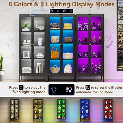 Glass Display Cabinet with 8-Color LED Lights, Black Curio Cabinet with Glass Doors, 66 Inch Tall Display Case for Collectibles, Metal Storage Cabinet for Living Room, Assembly Required