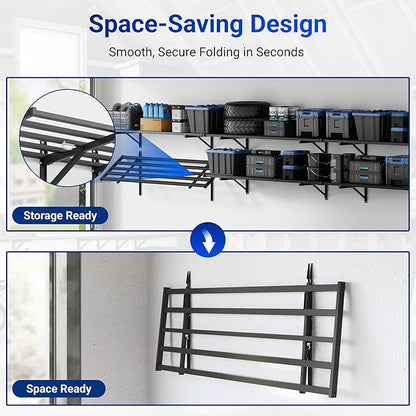 FLEXIMOUNTS Fold-Down 2x4ft Garage Wall Shelving, 2-Pack Heavy Duty Folding Garage Shelving Wall Mounted, 600 lbs Capacity, Storage for Power Tools, Garden Supplies & Seasonal Storage, Lite Series