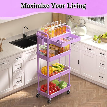 4 Tier Rolling Cart Organizer with Drawer, Bathroom Storage Carts with Wheels & Plastic Shelf, Mobile Storage Organizers for Kitchen, Office, Laundry Room, Baby, Snack, Craft, Makeup, Purple