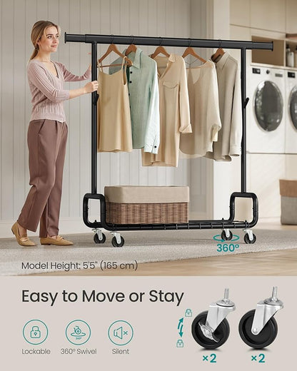 SONGMICS Clothes Rack, Heavy-Duty Rolling Clothing Garment Rack with Wheels, Extendable Hanging Rod and Adjustable Height, Portable, with Shelf and Hooks, Ink Black UHSR014B01