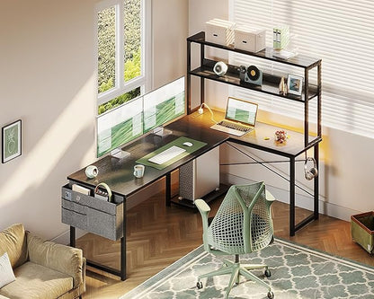 Casaottima 61 Inch Gaming Desk with Power Outlets & LED Lights, Reversible L Shaped Computer Desk with Shelves & Storage Bag, Corner Desk for Home Office, Black