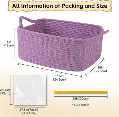 OIAHOMY Woven Basket, Gift Basket Empty with Gift Bags and Ribbons, Rope Baskets for Baby Showers, Storage Baskets with Handles for Nursery, Pet Toy Organizer - Lilac Purple