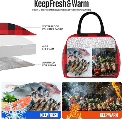 Lunch Bag Women/Men Lunch Box Women/Men (Red+Black Blocks)