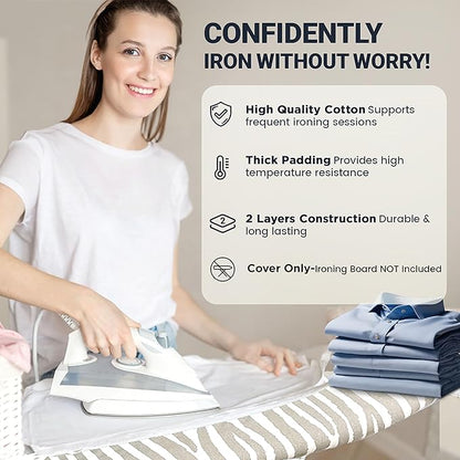 Ironing Board Cover and Pad 18"x54" Extra Thick Natural Cotton, Scorch and Stain Resistant Iron Board Cover, Extra Large Iron Board Cover with Fasteners Heavy Duty Heatproof Elastic Edge Zebra