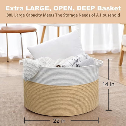 Extra Large Storage Basket, 22” x 22” x 14” Cotton Rope Bins for Storage, Wicker Baby Laundry Basket, Kids, Woven Kids Toy Bin Box, Decorative Baskets for Organizing Clothes, Towels, Blankets
