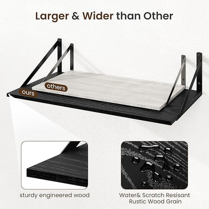 Fun Memories Floating Shelves for Wall, 12 Inch Deep Floating Shelves Set of 2, 36W x 12D Large Wall Shelf with Sturdy Metal Brackets for Living Room, Bathroom, Bedroom and Kitchen, Black