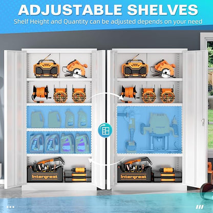 Bonusall Metal Garage Cabinets with 2 Door and 4 Shelves, Locking Cabinet with for Storage，Tall Garage Storage Cabinets for Home Office, Warehouse，School(White)