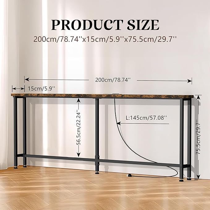 GRLEAF 78" Sofa Table with Built-in Power Strip (2 AC Outlets & 2 USB Ports) – 4.9ft Power Cord, Metal Frame, Easy Assembly, Long Couch Table Behind Sofa, Living Room and Home Office | Rustic Brown