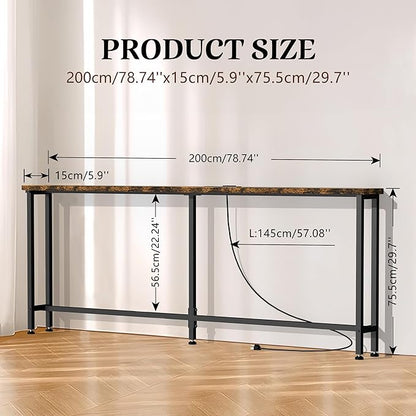 GRLEAF 78" Sofa Table with Built-in Power Strip (2 AC Outlets & 2 USB Ports) – 4.9ft Power Cord, Metal Frame, Easy Assembly, Long Couch Table Behind Sofa, Living Room and Home Office | Rustic Brown