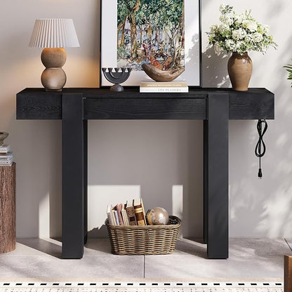 Rustic Minimalist Console Table with Hidden Drawer, Wood Entryway Table with Side Power Outlet for Entryway, Living Room and Home Office (Black-X210)