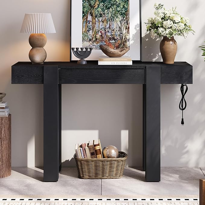 Rustic Minimalist Console Table with Hidden Drawer, Side Power Outlet,Wood Entryway Table for Entryways, Living Rooms and Home Offices(Black)