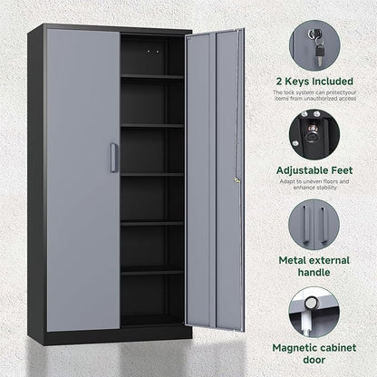 Letaya Metal Storage Cabinets with Lock Door and 5 Adjustable Shelves, Steel Garage Tool Organization Cabinets for Home,Utility Room, Warehouse,Lockers(71"-Black Gray) | Lock Door, 5 Adjustable Shelves, Garage, Lockers