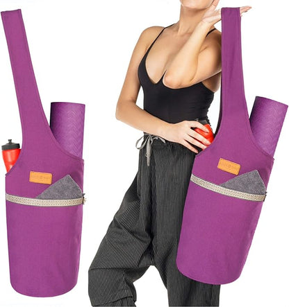 ALLEN & MATE 100% Cotton Yoga Mat Bag for Women and Men, Large Pocket with Zipper Storage, Shoulder Strap Carrier for Yoga and Pilates Mats