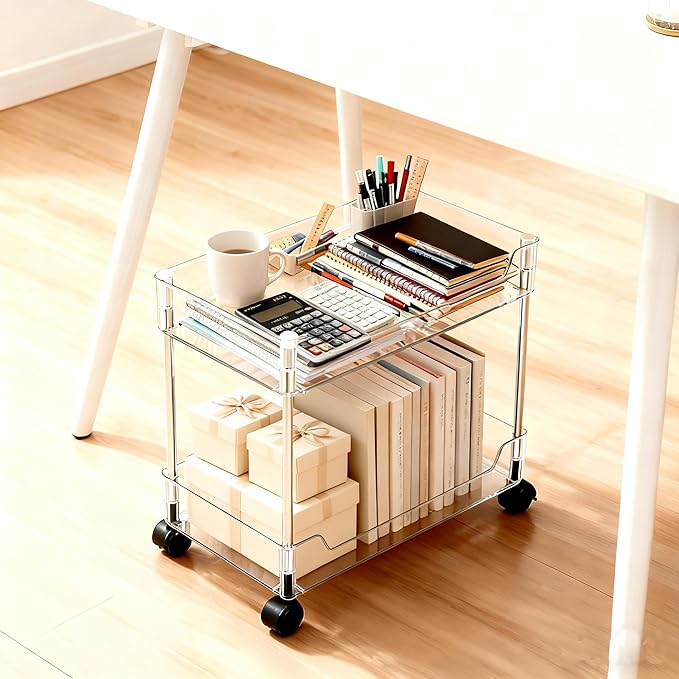 Betoveren 2 Tier Utility Rolling Cart Storage Organizer with Wheels Under Desk Mobile Bathroom Cart Organizer for Office Bathroom Home Kitchen Organization Transparent (Width 8.85 Inches)