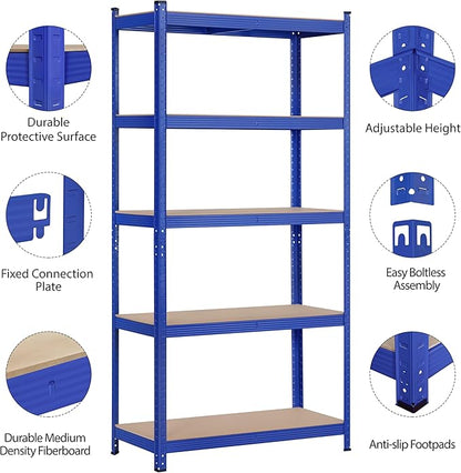 Topeakmart 5-Tier Utility Shelves, Metal Storage Shelves Unit Adjustable Garage Storage Shelves Racks Heavy Duty Shed Shelving- Blue, 35.5 x 16 x 71 Inch