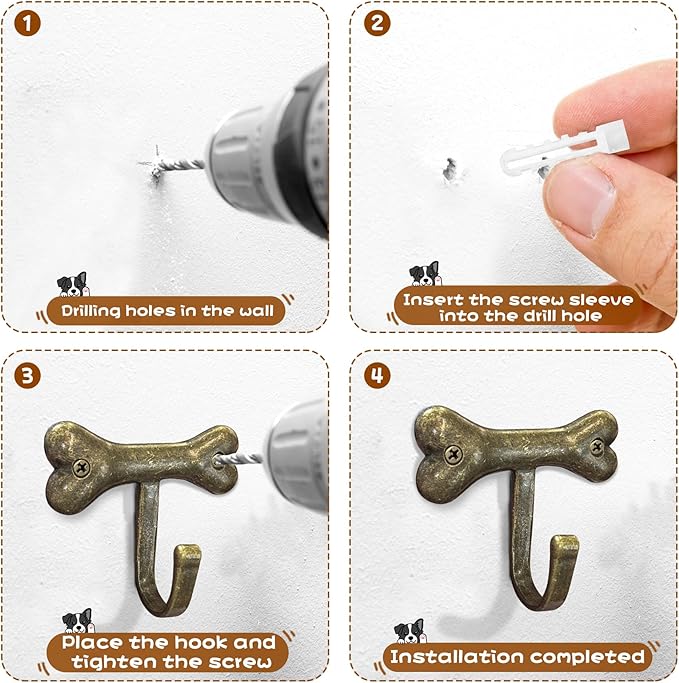 6PC Dog Bone Shaped Hooks Wall Mount Pet Leash Hook Cat Leash Holder for Wall Cute Coat Hooks Key Holder for Entryway Hallway Kitchen Office, Great Gift for Dog and Cat Lovers(Antique Brass)