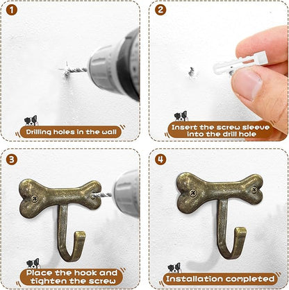 6PC Dog Bone Shaped Hooks Wall Mount Pet Leash Hook Cat Leash Holder for Wall Cute Coat Hooks Key Holder for Entryway Hallway Kitchen Office, Great Gift for Dog and Cat Lovers(Antique Brass)