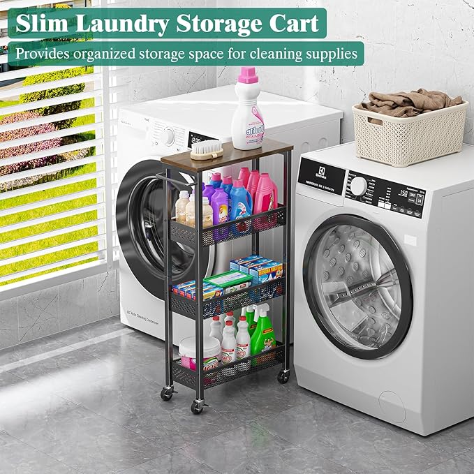 Giwil Slim Rolling Storage Cart 4 Tier Bathroom Organizer Mobile Shelving Unit Utility Cart with Wood Top and Handle for Kitchen Laundry Narrow Places, Black