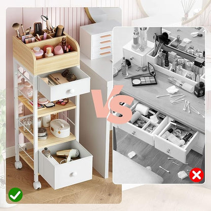 HOOBRO Makeup Organizer Cart with Fabric Drawers, Mobile Makeup Storage with Swivel Casters and Leveling Feet, Cosmetics Display Holder for Bathroom and Bedroom Vanity, White and Natural WN20TC04