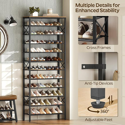 12 Tier Shoe Rack, Large Capacity Shoe Storage Organizer Holds 48 Pairs, Sturdy and Stable, for Entryway, Hallway, Closet, Dorm Room, Rustic Brown SS12BR