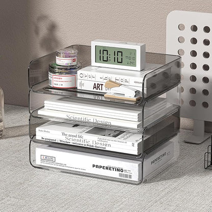 4-Tier Acrylic Paper Tray Organizer for Desk, Clear & Brown Stackable Letter Trays, Modern Desktop File Organizer with Snap-Fit Design, Office Desk Accessories