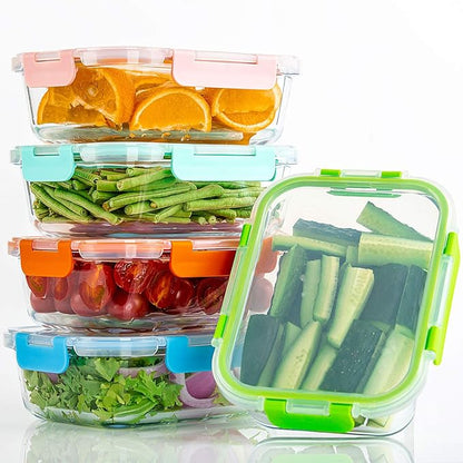 C CREST [10-Pack Glass Food Storage Containers (A Set of Five Colors), Meal Prep Containers with Lids for Kitchen, Home Use - Airtight Glass Lunch Boxes
