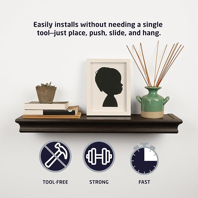 HIGH & MIGHTY 515655 Decorative 18" Floating Shelf Holds up to 15lbs, Easy Tool-Free Dry Wall Installation, Beveled, eCommerce Packaging, Black