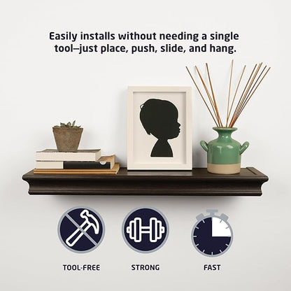 HIGH & MIGHTY 515655 Decorative 18" Floating Shelf Holds up to 15lbs, Easy Tool-Free Dry Wall Installation, Beveled, eCommerce Packaging, Black