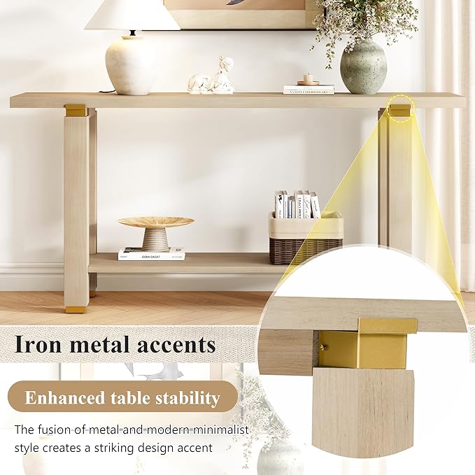 62.9" Modern Minimalist Console Table, Solid Wood Entryway Sofa Table with Metal Accents, 2-Tier with Open Shelf and Built-in Shelf for Living Room, Hallway (Natural-J22)