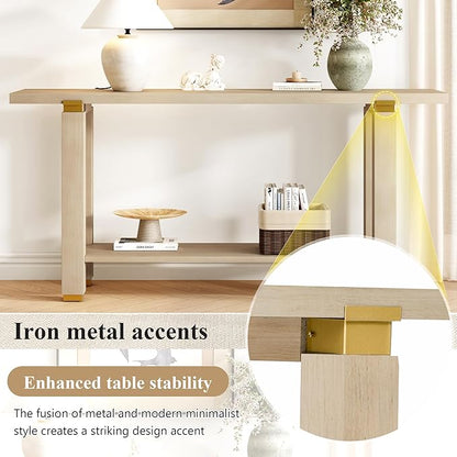 62.9" Modern Minimalist Console Table, Solid Wood Entryway Sofa Table with Metal Accents, 2-Tier with Open Shelf and Built-in Shelf for Living Room, Hallway (Natural-J22)